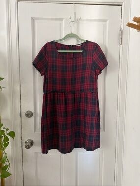 ONLY Burgundy and Black Plaid Tunic Dress